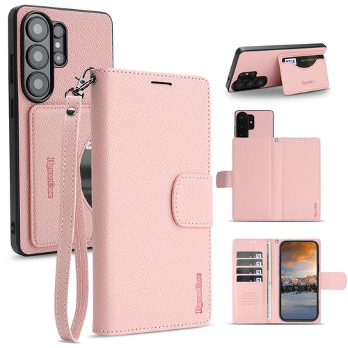 For Samsung Galaxy S26 Ultra HGUANCASE Case Wallet Stand Detachable Vintage Leather Phone Cover with Wrist Strap - Pink - 1