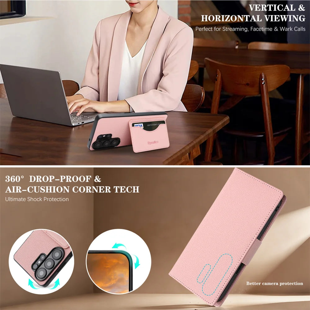 For Samsung Galaxy S26 Ultra HGUANCASE Case Wallet Stand Detachable Vintage Leather Phone Cover with Wrist Strap - Pink - 6