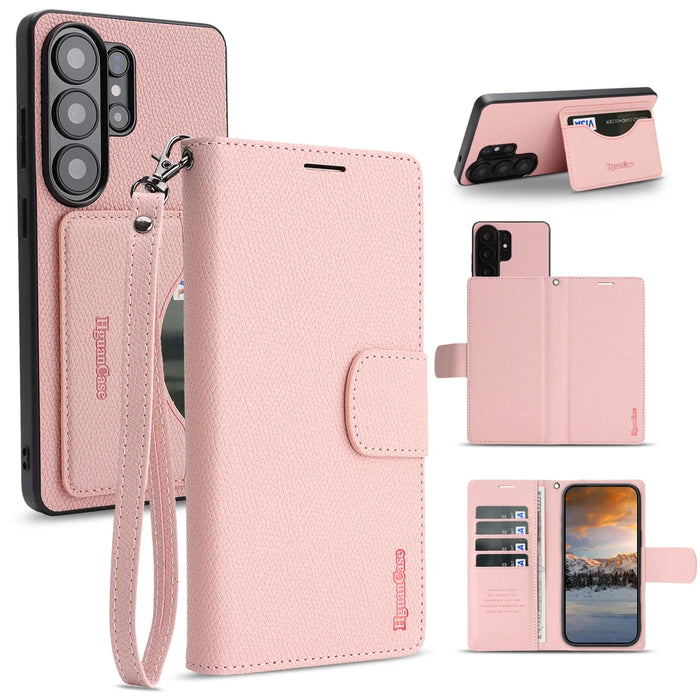 For Samsung Galaxy S25 Ultra HGUANCASE Case Wallet Stand Detachable Vintage Leather Phone Cover with Wrist Strap - Pink - 1