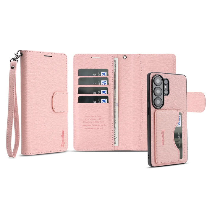 For Samsung Galaxy S25 Ultra HGUANCASE Case Wallet Stand Detachable Vintage Leather Phone Cover with Wrist Strap - Pink - 2