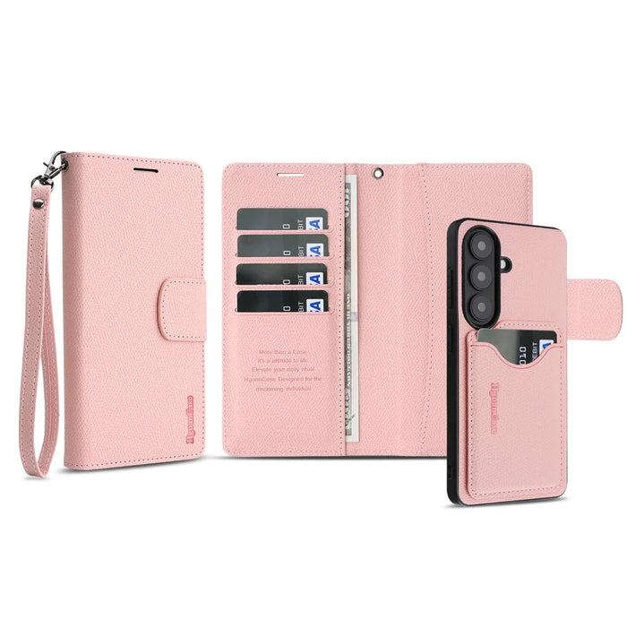 For Samsung Galaxy S25 HGUANCASE Case Wallet Stand Detachable Vintage Leather Phone Cover with Wrist Strap - Pink - 2