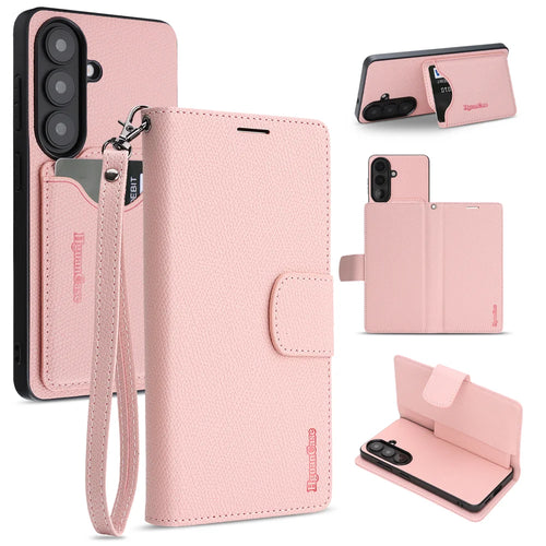 For Samsung Galaxy S24 HGUANCASE Case Wallet Stand Detachable Vintage Leather Phone Cover with Wrist Strap - Pink - 1