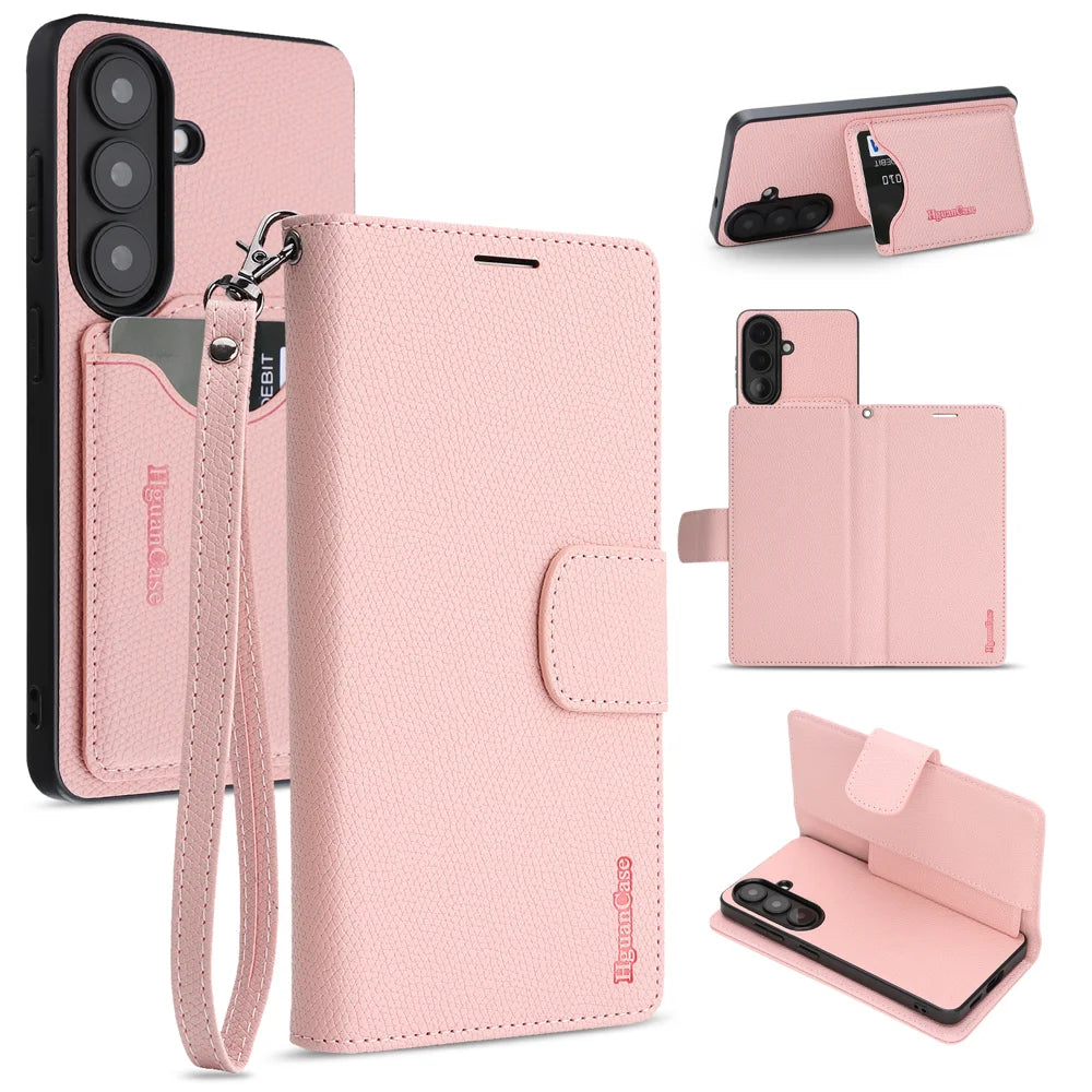 For Samsung Galaxy S24 HGUANCASE Case Wallet Stand Detachable Vintage Leather Phone Cover with Wrist Strap - Pink - 1
