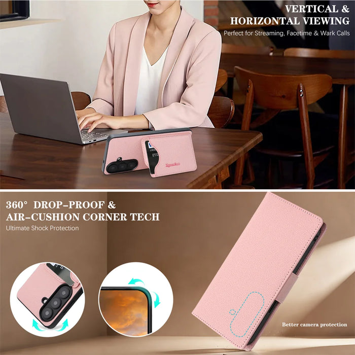 For Samsung Galaxy S24 HGUANCASE Case Wallet Stand Detachable Vintage Leather Phone Cover with Wrist Strap - Pink - 6