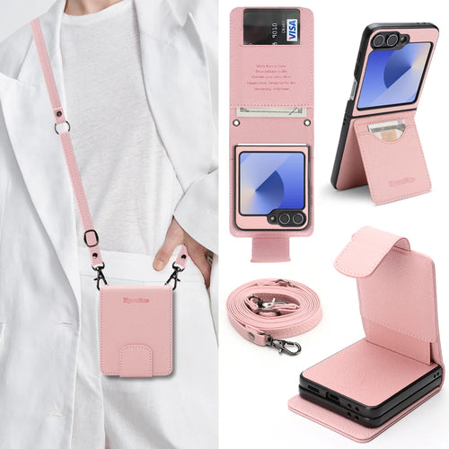 For Samsung Galaxy Z Flip7 FE 5G / Galaxy Z Flip6 5G HGUANCASE Case Wallet Stand Detachable Vintage Leather Phone Cover with Wrist Strap - Pink - 1