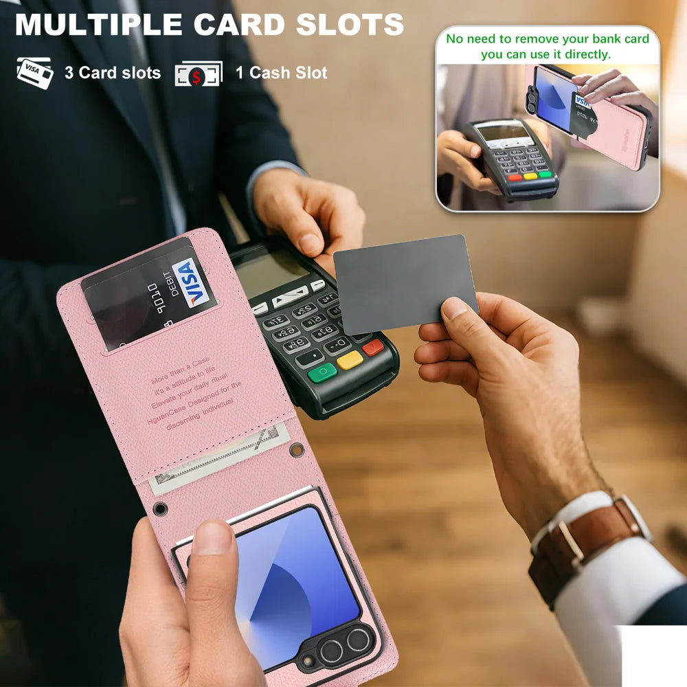 For Samsung Galaxy Z Flip7 FE 5G / Galaxy Z Flip6 5G HGUANCASE Case Wallet Stand Detachable Vintage Leather Phone Cover with Wrist Strap - Pink - 4