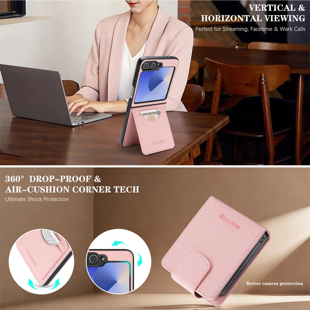 For Samsung Galaxy Z Flip7 FE 5G / Galaxy Z Flip6 5G HGUANCASE Case Wallet Stand Detachable Vintage Leather Phone Cover with Wrist Strap - Pink - 5