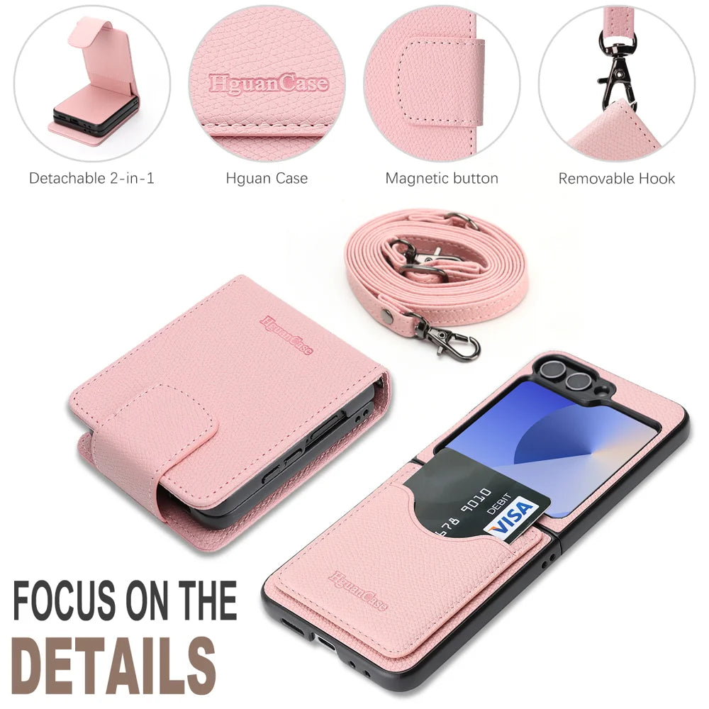 For Samsung Galaxy Z Flip7 FE 5G / Galaxy Z Flip6 5G HGUANCASE Case Wallet Stand Detachable Vintage Leather Phone Cover with Wrist Strap - Pink - 7