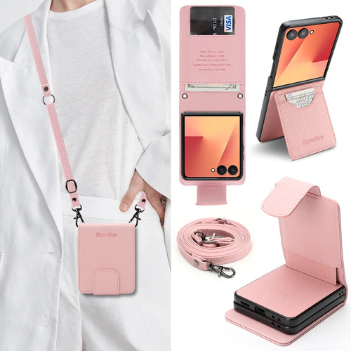 For Samsung Galaxy Z Flip7 5G HGUANCASE Case Wallet Stand Detachable Vintage Leather Phone Cover with Wrist Strap - Pink - 1