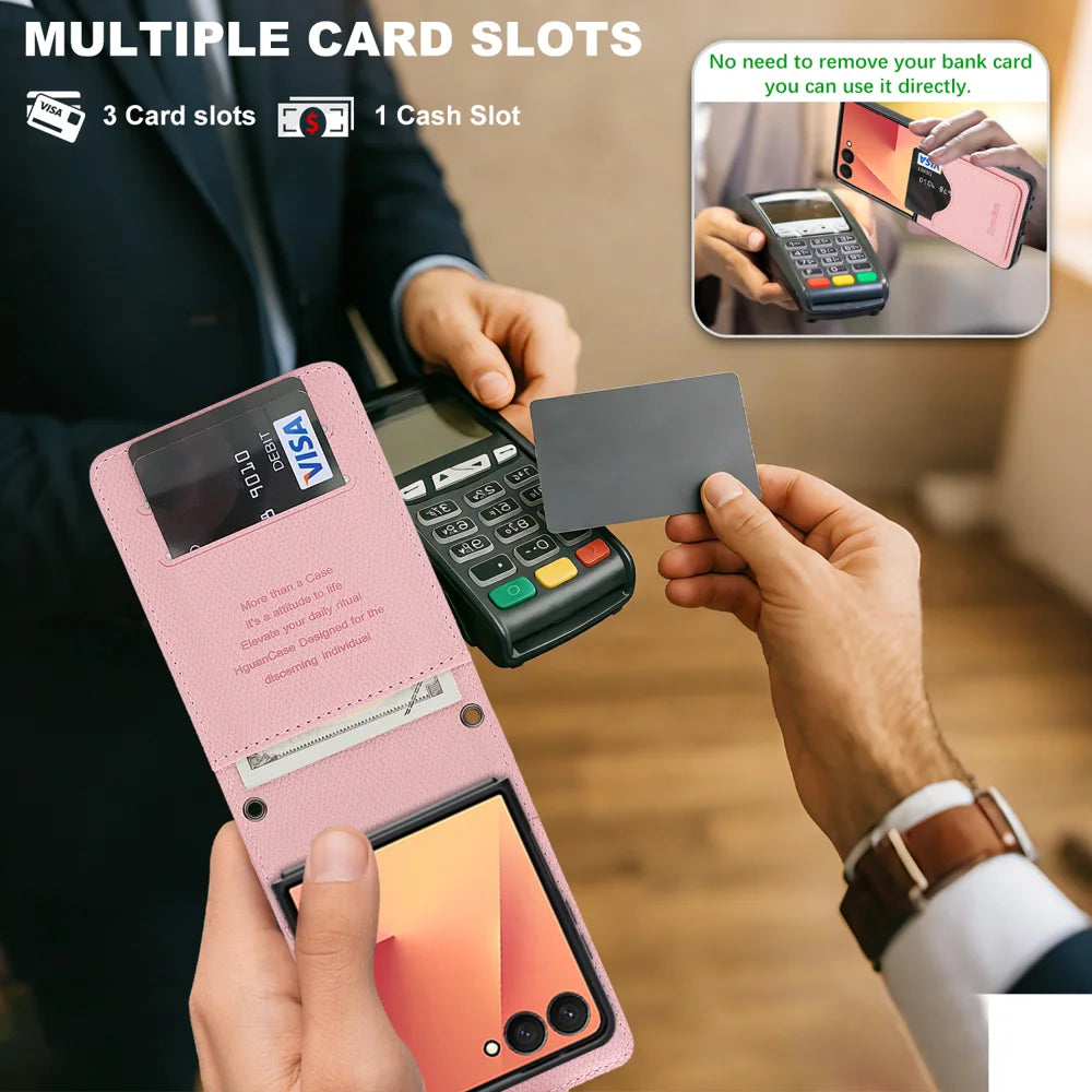 For Samsung Galaxy Z Flip7 5G HGUANCASE Case Wallet Stand Detachable Vintage Leather Phone Cover with Wrist Strap - Pink - 4