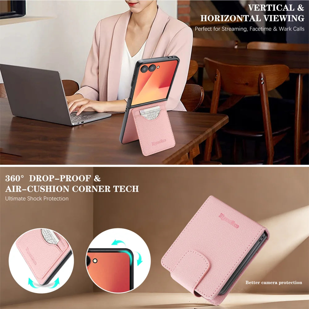 For Samsung Galaxy Z Flip7 5G HGUANCASE Case Wallet Stand Detachable Vintage Leather Phone Cover with Wrist Strap - Pink - 5