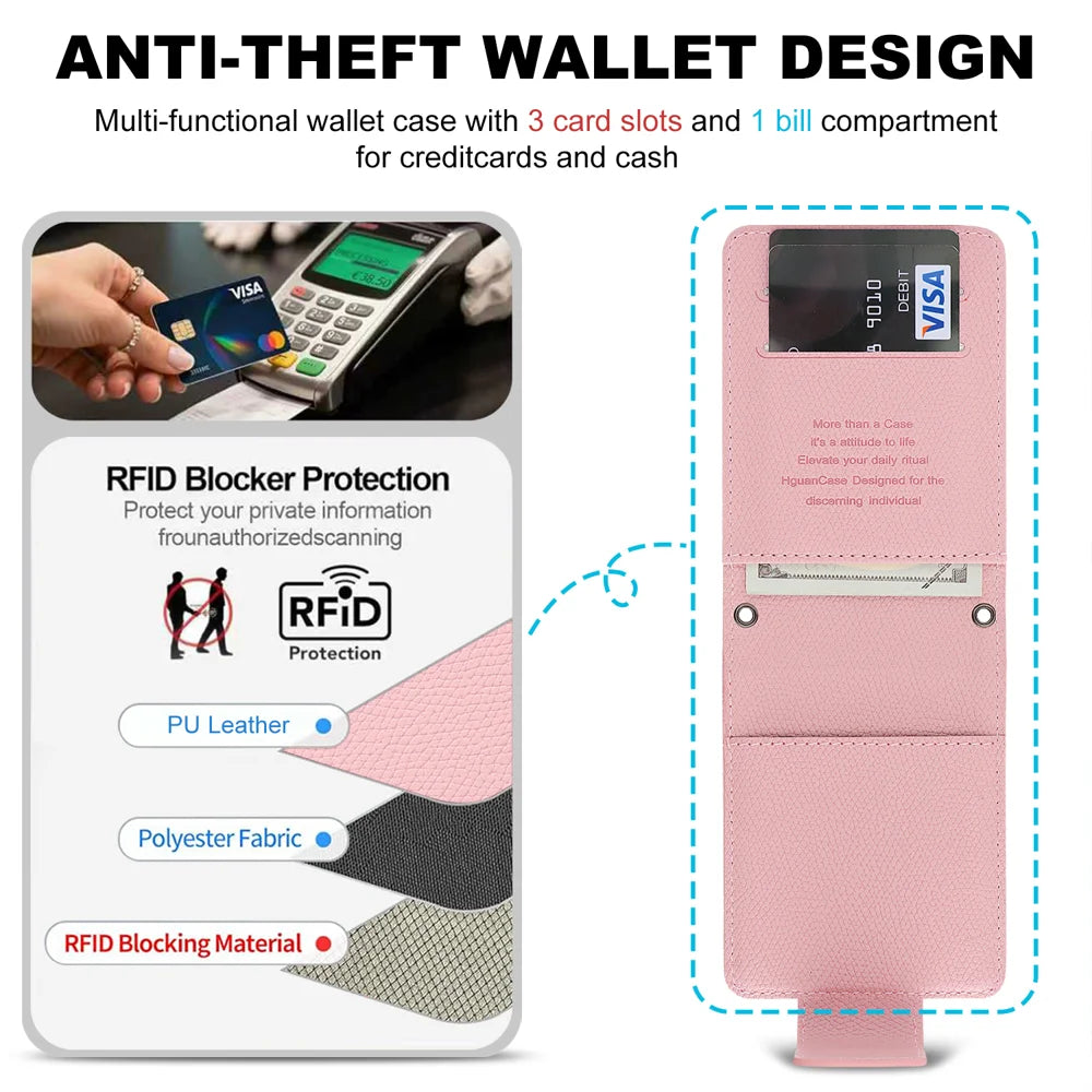 For Samsung Galaxy Z Flip7 5G HGUANCASE Case Wallet Stand Detachable Vintage Leather Phone Cover with Wrist Strap - Pink - 6
