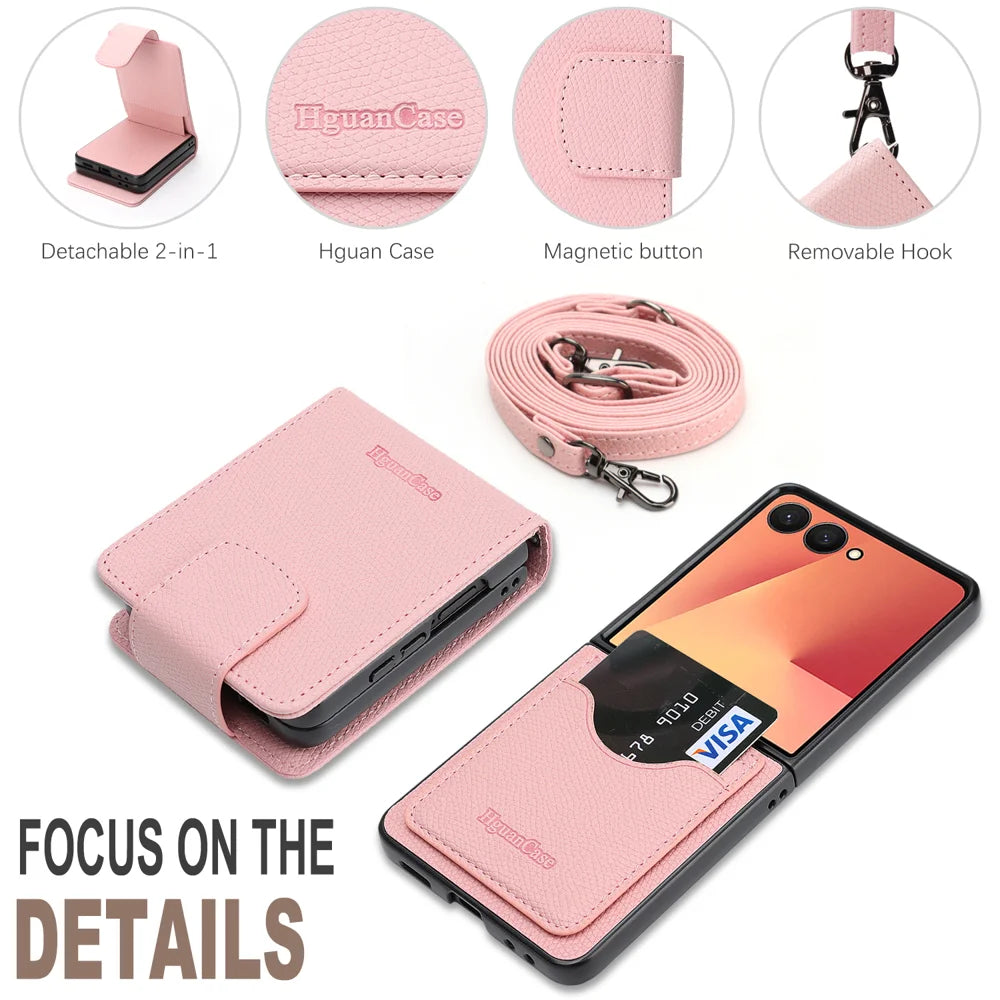 For Samsung Galaxy Z Flip7 5G HGUANCASE Case Wallet Stand Detachable Vintage Leather Phone Cover with Wrist Strap - Pink - 7