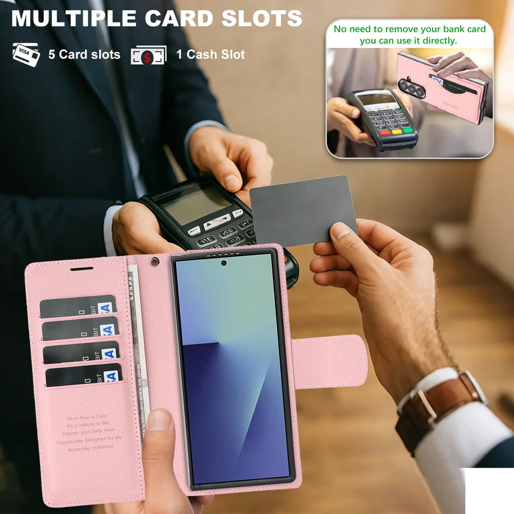For Samsung Galaxy Z Fold7 5G HGUANCASE Case Wallet Stand Detachable Vintage Leather Phone Cover with Wrist Strap - Pink - 5