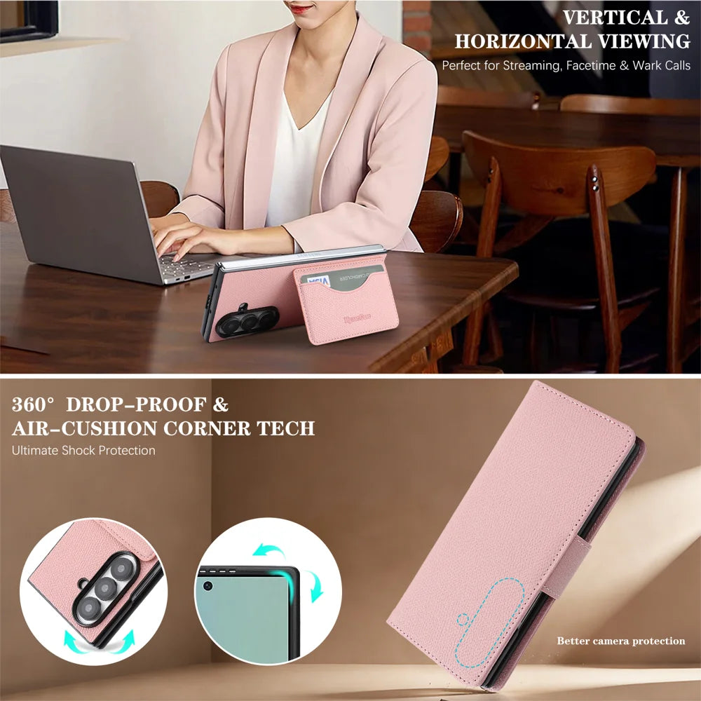 For Samsung Galaxy Z Fold7 5G HGUANCASE Case Wallet Stand Detachable Vintage Leather Phone Cover with Wrist Strap - Pink - 6