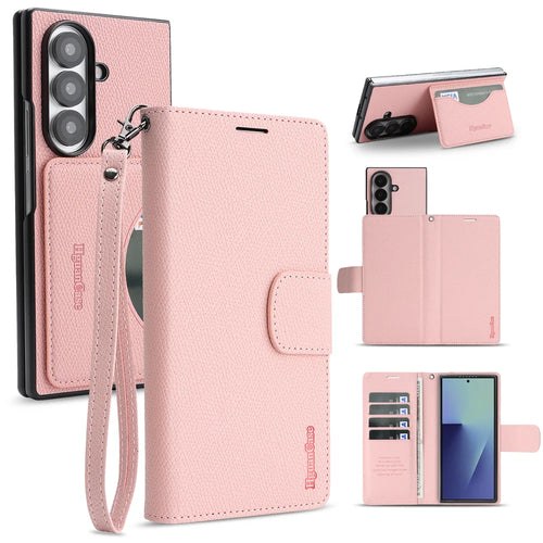 For Samsung Galaxy Z Fold6 5G HGUANCASE Case Wallet Stand Detachable Vintage Leather Phone Cover with Wrist Strap - Pink - 1