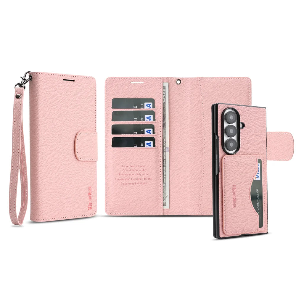 For Samsung Galaxy Z Fold6 5G HGUANCASE Case Wallet Stand Detachable Vintage Leather Phone Cover with Wrist Strap - Pink - 2