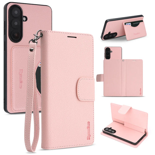 For Samsung Galaxy A57 5G HGUANCASE Case Wallet Stand Detachable Vintage Leather Phone Cover with Wrist Strap - Pink - 1