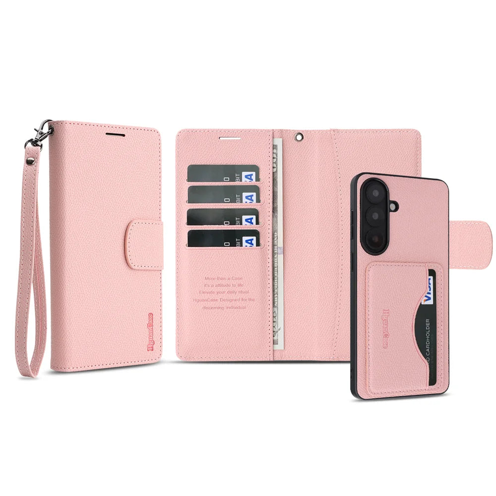 For Samsung Galaxy A37 5G HGUANCASE Case Wallet Stand Detachable Vintage Leather Phone Cover with Wrist Strap - Pink - 2