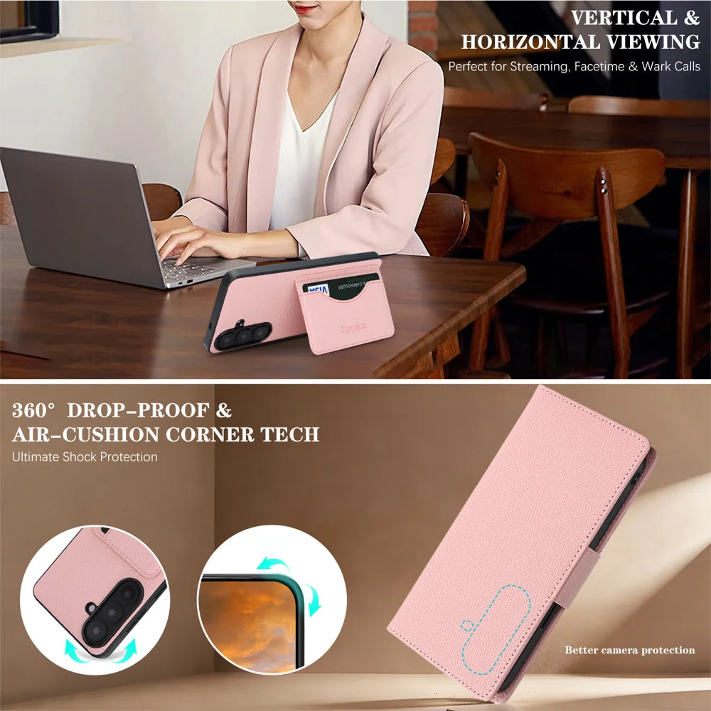 For Samsung Galaxy A56 5G HGUANCASE Case Wallet Stand Detachable Vintage Leather Phone Cover with Wrist Strap - Pink - 6