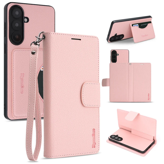 For Samsung Galaxy A16 4G / Galaxy A16 5G HGUANCASE Case Wallet Stand Detachable Vintage Leather Phone Cover with Wrist Strap - Pink - 1