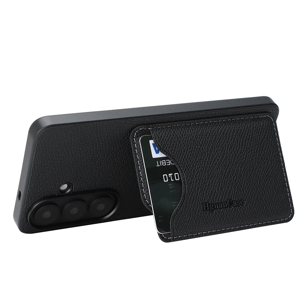 For Samsung Galaxy S26 HGUANCASE Case Vintage Leather TPU Phone Cover with Magnetic Card Holder Kickstand - Black - 3