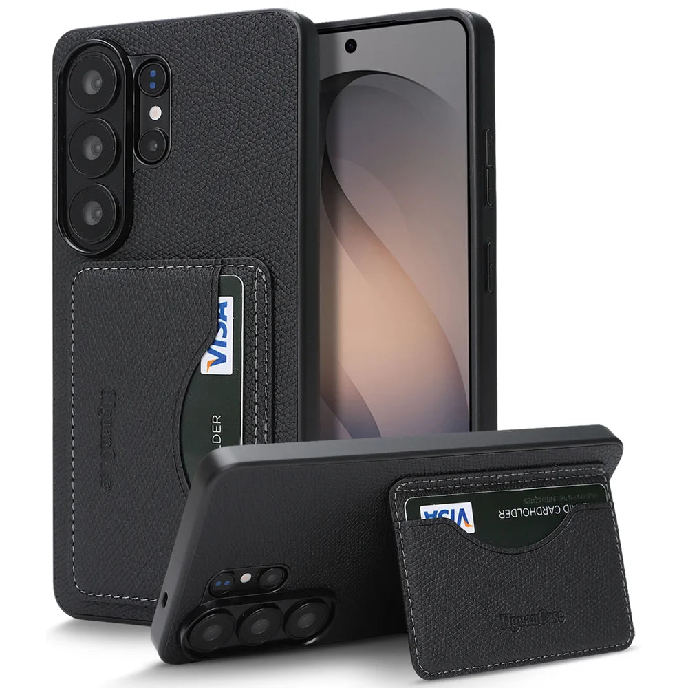 For Samsung Galaxy S25 Ultra HGUANCASE Case Vintage Leather TPU Phone Cover with Magnetic Card Holder Kickstand - Black - 1