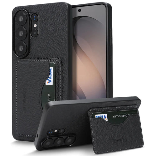 For Samsung Galaxy S25 Ultra HGUANCASE Case Vintage Leather TPU Phone Cover with Magnetic Card Holder Kickstand - Black - 1