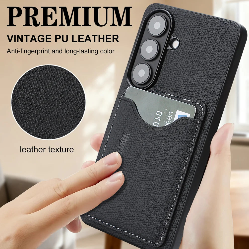For Samsung Galaxy S25 HGUANCASE Case Vintage Leather TPU Phone Cover with Magnetic Card Holder Kickstand - Black - 5