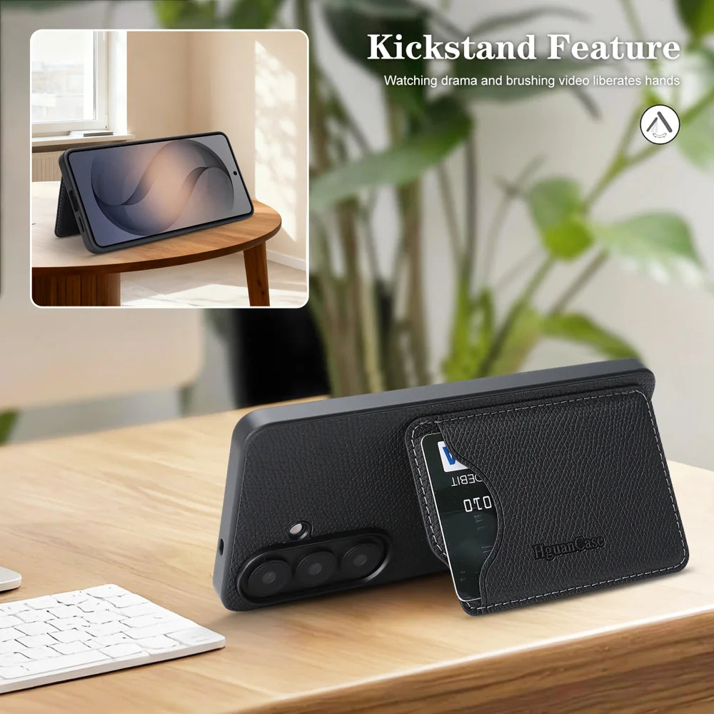For Samsung Galaxy S24 HGUANCASE Case Vintage Leather TPU Phone Cover with Magnetic Card Holder Kickstand - Black - 6