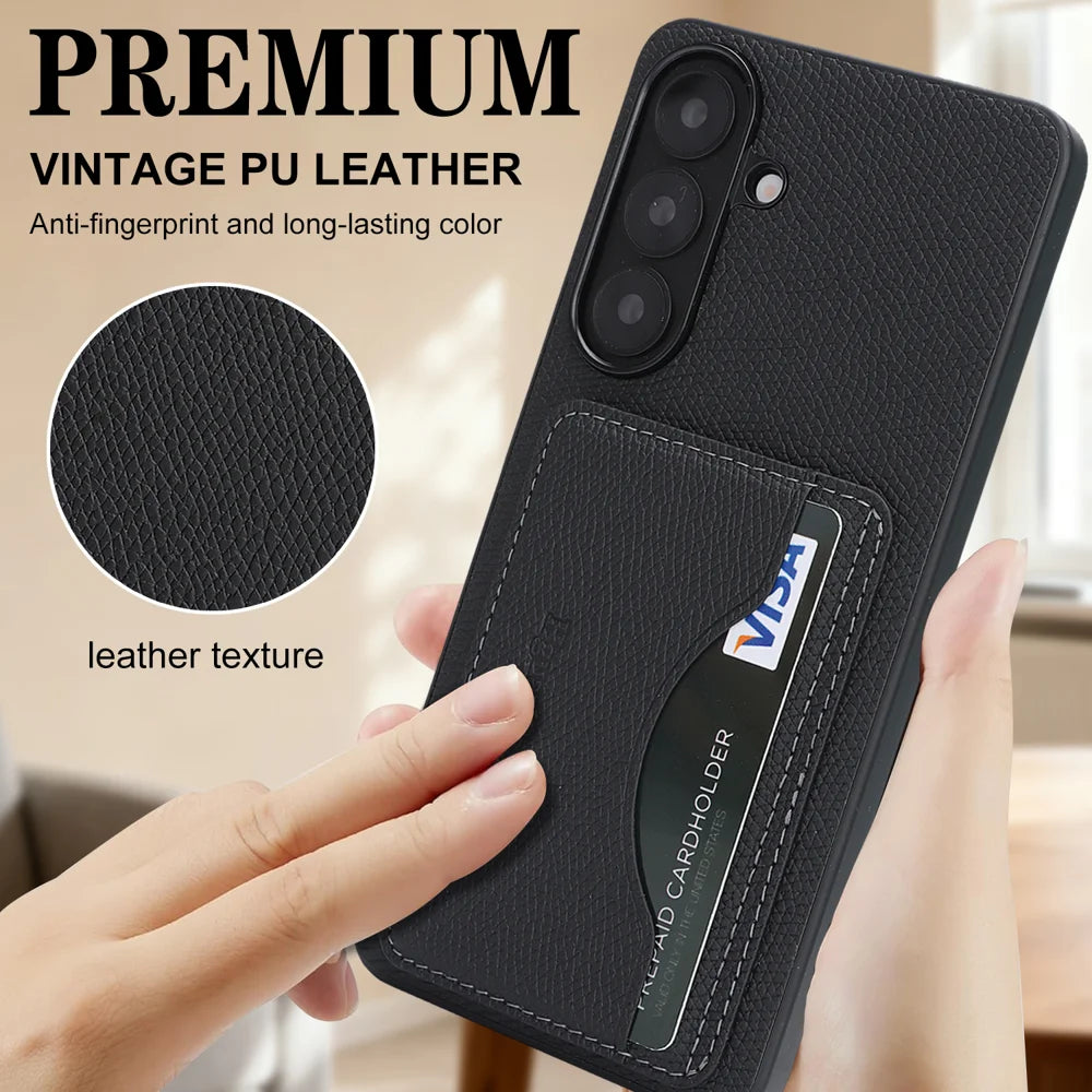For Samsung Galaxy A57 5G HGUANCASE Case Vintage Leather TPU Phone Cover with Magnetic Card Holder Kickstand - Black - 5
