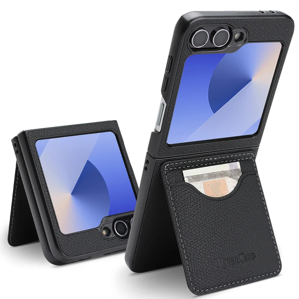 For Samsung Galaxy Z Flip6 5G / Galaxy Z Flip7 FE 5G HGUANCASE Case Vintage Leather TPU Phone Cover with Magnetic Card Holder Kickstand - Black - 1