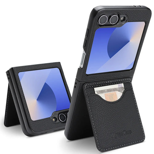 For Samsung Galaxy Z Flip6 5G / Galaxy Z Flip7 FE 5G HGUANCASE Case Vintage Leather TPU Phone Cover with Magnetic Card Holder Kickstand - Black - 1