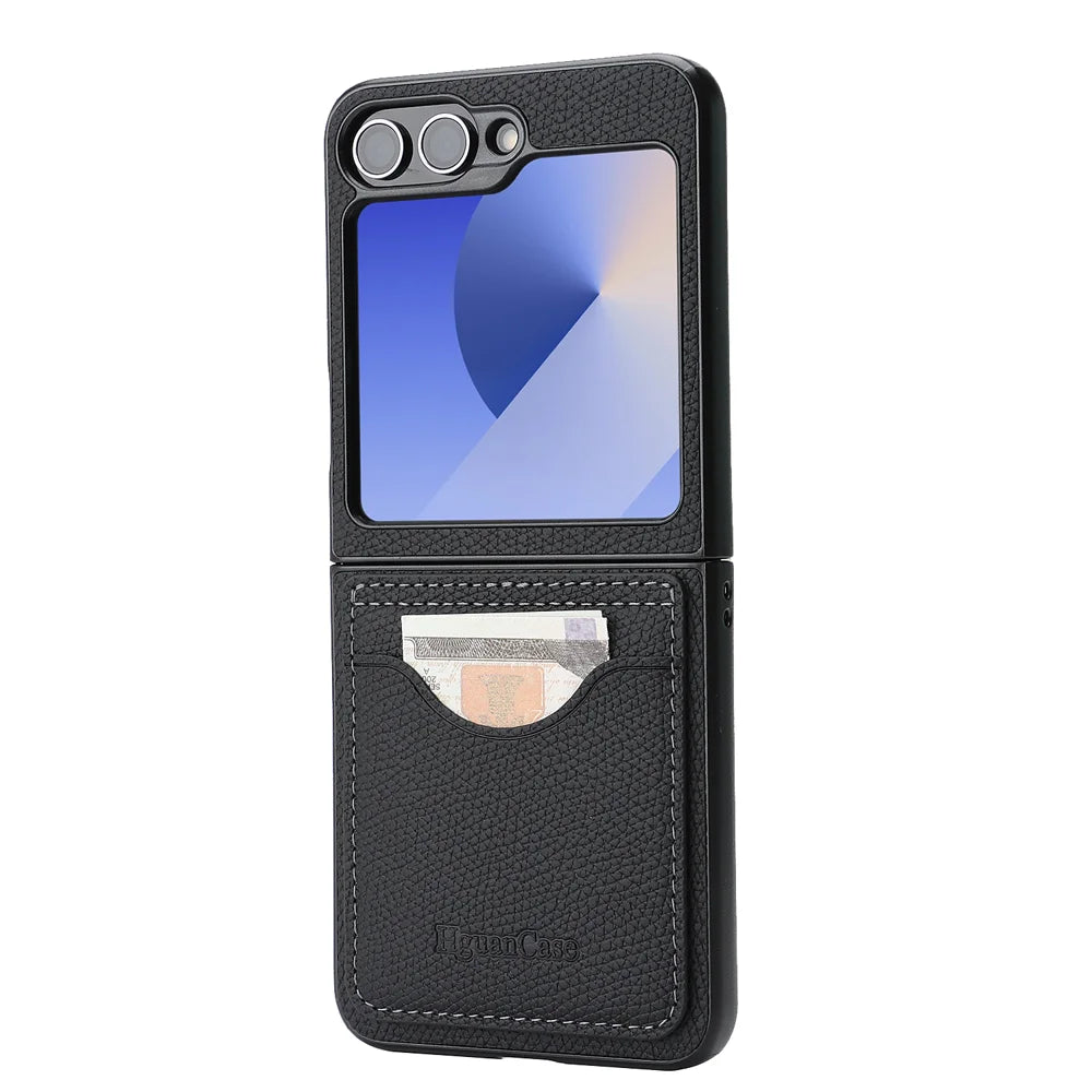 For Samsung Galaxy Z Flip6 5G / Galaxy Z Flip7 FE 5G HGUANCASE Case Vintage Leather TPU Phone Cover with Magnetic Card Holder Kickstand - Black - 2