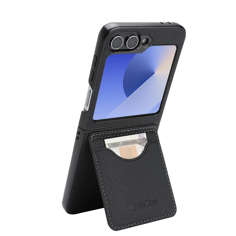 For Samsung Galaxy Z Flip6 5G / Galaxy Z Flip7 FE 5G HGUANCASE Case Vintage Leather TPU Phone Cover with Magnetic Card Holder Kickstand - Black - 3