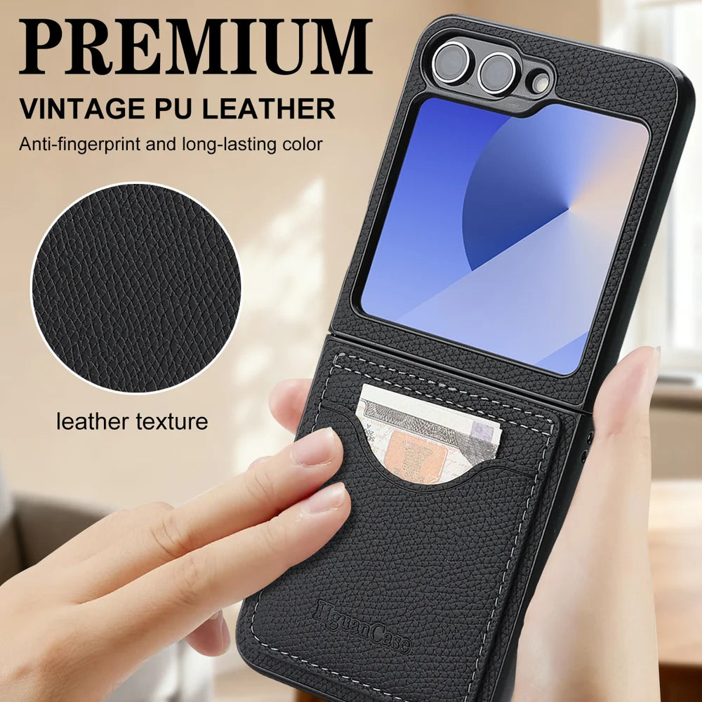 For Samsung Galaxy Z Flip6 5G / Galaxy Z Flip7 FE 5G HGUANCASE Case Vintage Leather TPU Phone Cover with Magnetic Card Holder Kickstand - Black - 5