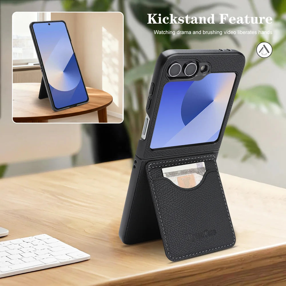 For Samsung Galaxy Z Flip6 5G / Galaxy Z Flip7 FE 5G HGUANCASE Case Vintage Leather TPU Phone Cover with Magnetic Card Holder Kickstand - Black - 6