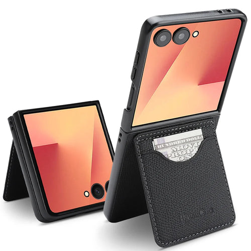 For Samsung Galaxy Z Flip7 5G HGUANCASE Case Vintage Leather TPU Phone Cover with Magnetic Card Holder Kickstand - Black - 1