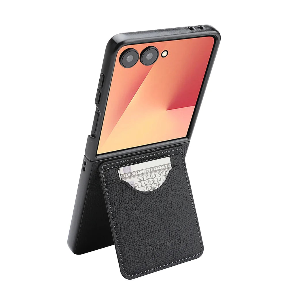 For Samsung Galaxy Z Flip7 5G HGUANCASE Case Vintage Leather TPU Phone Cover with Magnetic Card Holder Kickstand - Black - 3