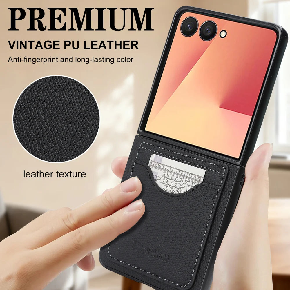 For Samsung Galaxy Z Flip7 5G HGUANCASE Case Vintage Leather TPU Phone Cover with Magnetic Card Holder Kickstand - Black - 5