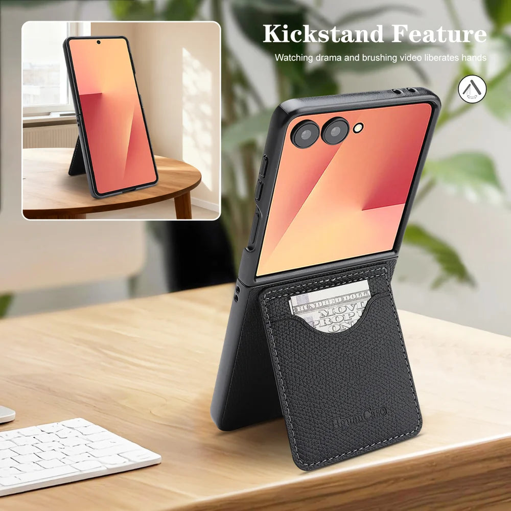 For Samsung Galaxy Z Flip7 5G HGUANCASE Case Vintage Leather TPU Phone Cover with Magnetic Card Holder Kickstand - Black - 6