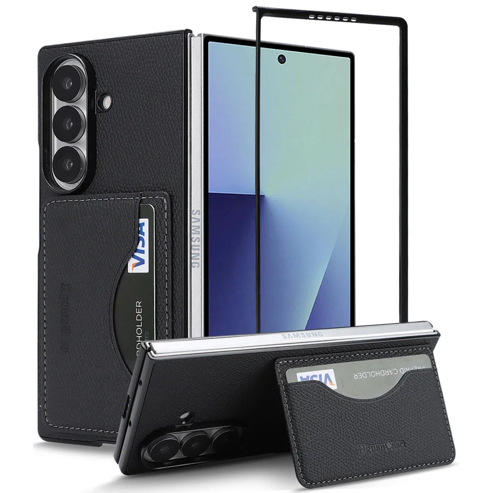 For Samsung Galaxy Z Fold7 5G HGUANCASE Case Vintage Leather TPU Phone Cover with Magnetic Card Holder Kickstand - Black - 1