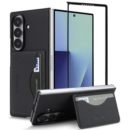 For Samsung Galaxy Z Fold7 5G HGUANCASE Case Vintage Leather TPU Phone Cover with Magnetic Card Holder Kickstand - Black - 1