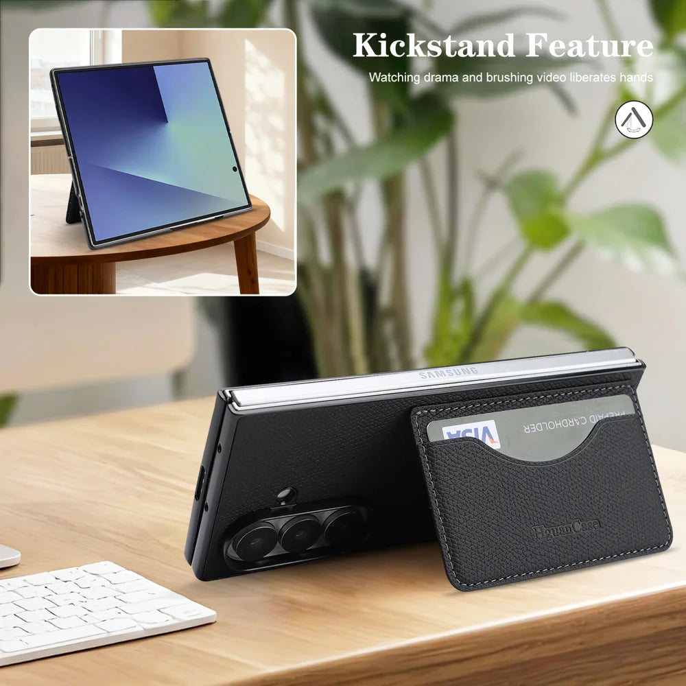 For Samsung Galaxy Z Fold7 5G HGUANCASE Case Vintage Leather TPU Phone Cover with Magnetic Card Holder Kickstand - Black - 6