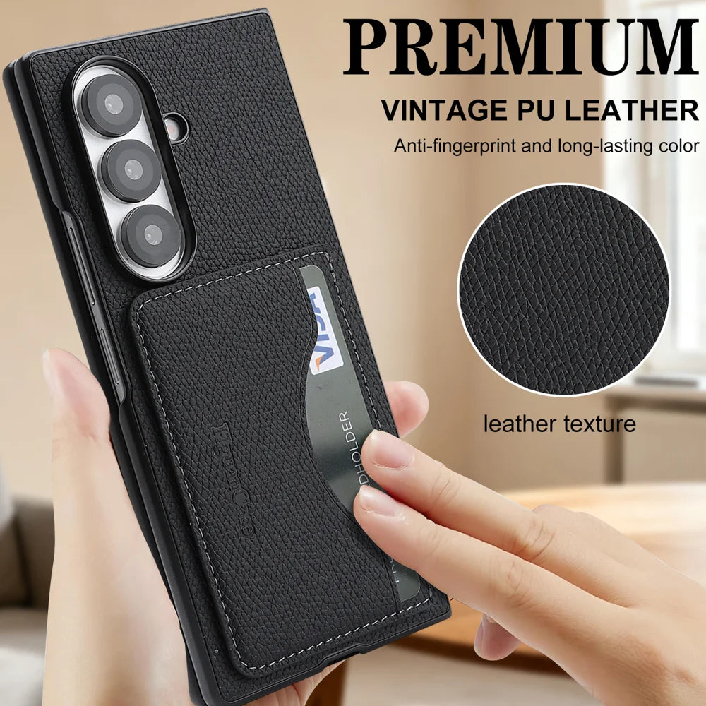 For Samsung Galaxy Z Fold6 5G HGUANCASE Case Vintage Leather TPU Phone Cover with Magnetic Card Holder Kickstand - Black - 5