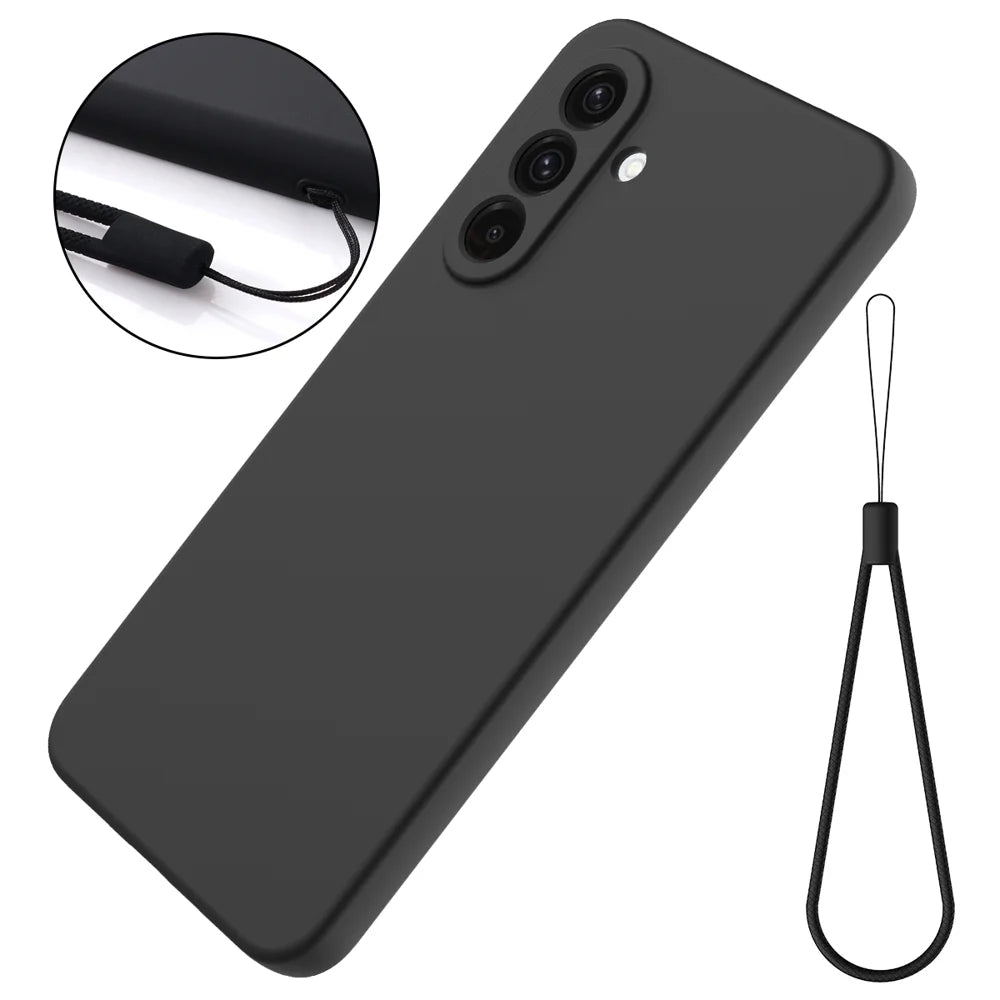 For Samsung Galaxy A27 5G Liquid Silicone Case Phone Back Cover with Hand Strap - Black - 7