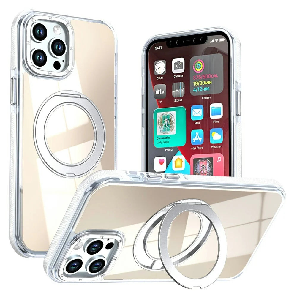 Magnetic Case For iPhone 12  /  12 Pro Fluorescent Design TPU Acrylic Phone Back Cover with 360° Rotating Kickstand - White - 1