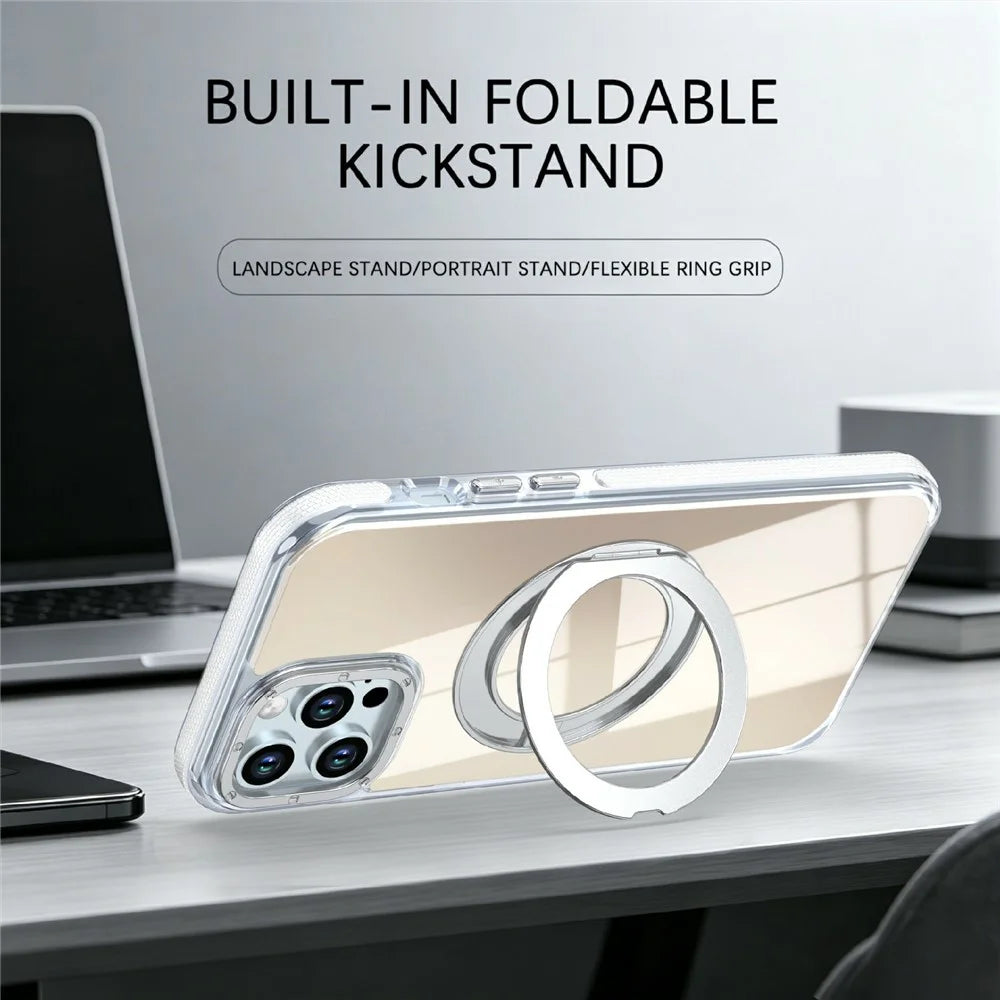 Magnetic Case For iPhone 12  /  12 Pro Fluorescent Design TPU Acrylic Phone Back Cover with 360° Rotating Kickstand - White - 3