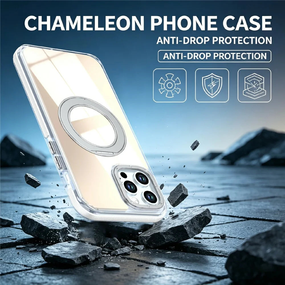 Magnetic Case For iPhone 12  /  12 Pro Fluorescent Design TPU Acrylic Phone Back Cover with 360° Rotating Kickstand - White - 7