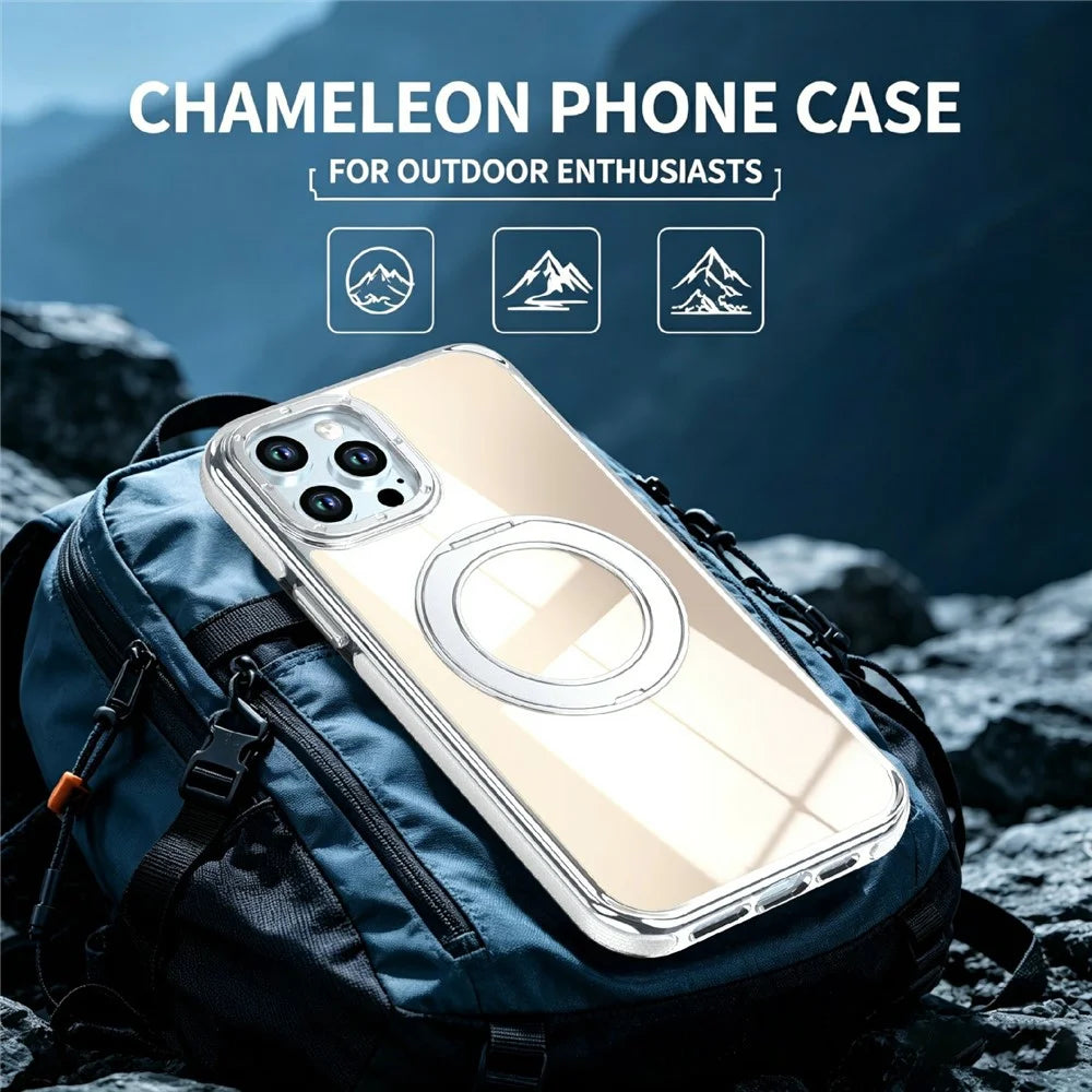 For iPhone 12 Pro Max Magnetic Case Fluorescent Design TPU Acrylic Phone Back Cover with 360° Rotating Kickstand - White - 5
